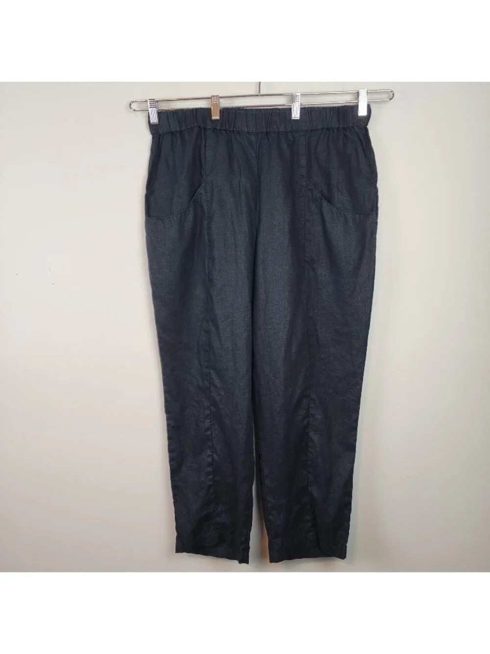 Quince black linen pants elastic waist pockets sz XL women pull-on 25